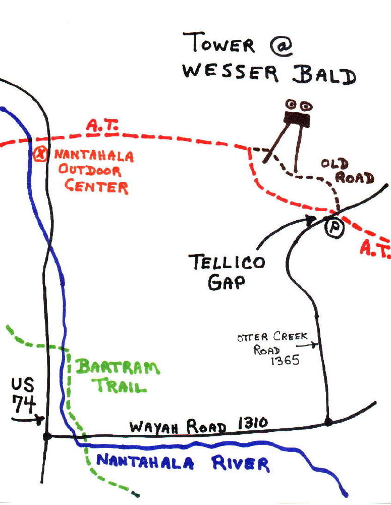 Map shows route to Tellico Gap via Wayah Road from NOC at Nantahala River crossing by AT.  Courtesy elversonhiker@yahoo.com